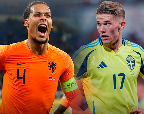 На изображении два футболиста в игровых формах своих сборных: один в оранжевой форме с нашивкой капитана, другой в жёлтой синим. Они выглядят сосредоточенно и эмоционально. Фон размыт