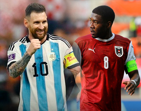 На изображении два футболиста в игровой форме своих сборных: один в бело-голубой форме Аргентины с номером 10, другой в красной форме Австрии с номером 8. Оба носят капитанские повязки