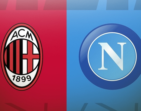 На изображении два футбольных логотипа: слева логотип «AC Milan» на красном фоне, справа логотип «Napoli» на голубом фоне