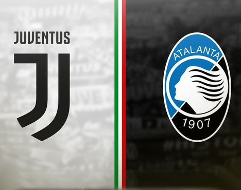 Логотипы двух футбольных клубов: слева черный логотип Juventus на сером фоне, справа синий логотип Atalanta 1907 на черном фоне. Между ними вертикальная полоса в цветах итальянского флага